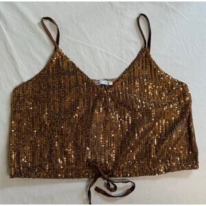 Zara Womens Bronze Tie Waist‎ V Neck Sparkle Cropped Tank SMALL